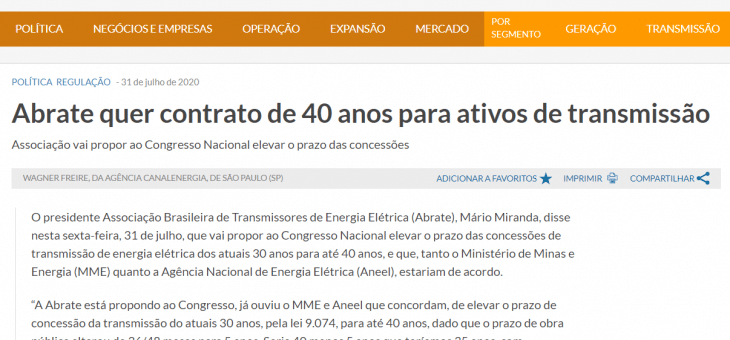 GESEL na mídia: Abrate quer contrato de 40 anos para ativos de transmissão